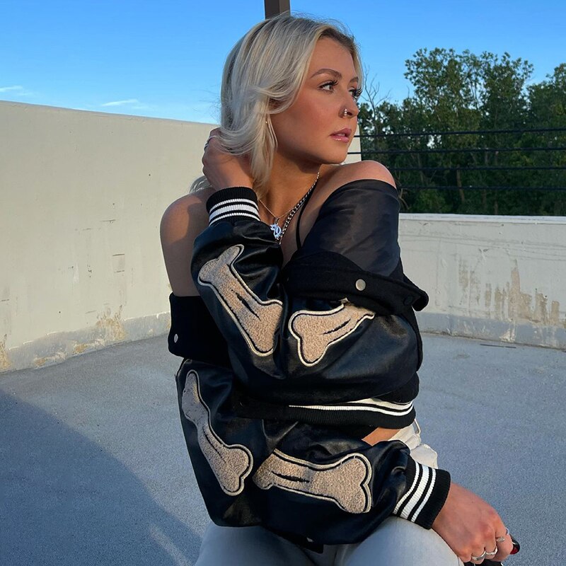 Women's Varsity Bomber Jacket with Snap Buttons and Bone Sleeve Patches