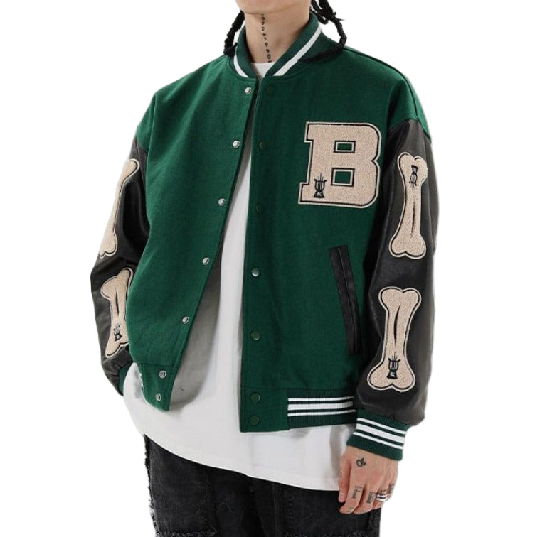 Women's Varsity Bomber Jacket with Snap Buttons and Bone Sleeve Patches