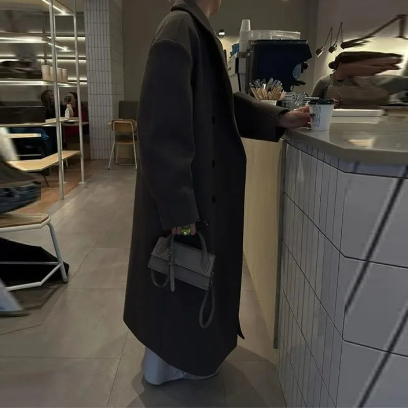 Women's Long Double-Breasted Trenchcoat with Lapel Collar