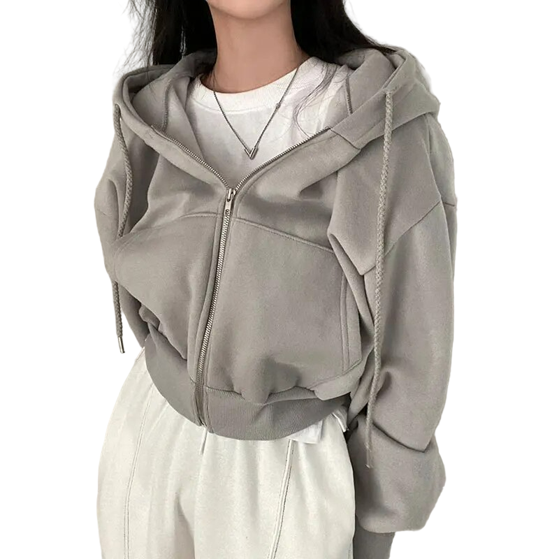 Women’s Zip-Up Hoodie with Cropped Length and Drop-Shoulder Sleeves