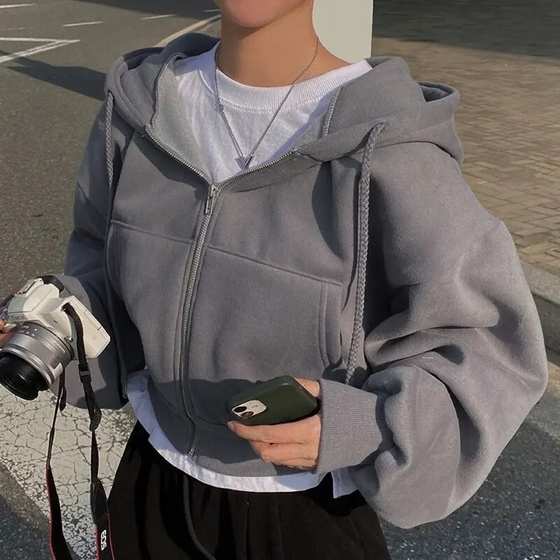 Women’s Zip-Up Hoodie with Cropped Length and Drop-Shoulder Sleeves