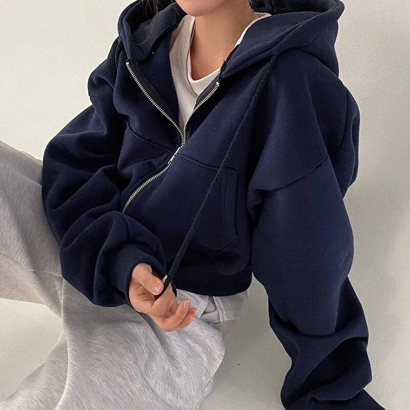 Women’s Zip-Up Hoodie with Cropped Length and Drop-Shoulder Sleeves