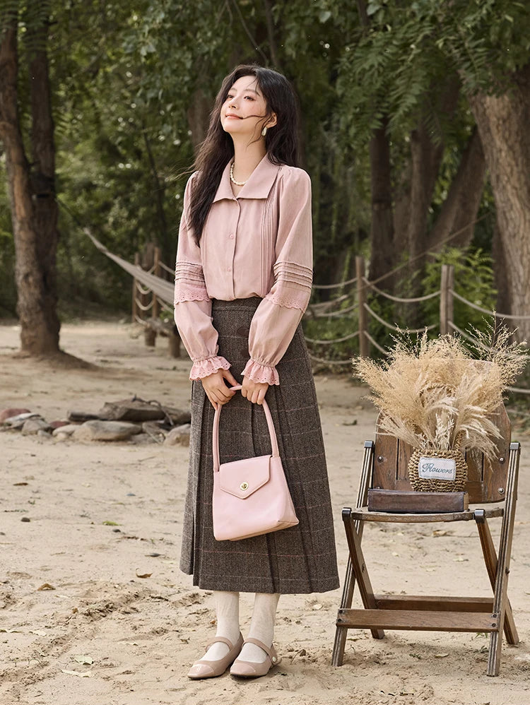 Women's Light Pink Button-Up Blouse with Lace-Trimmed Sleeves