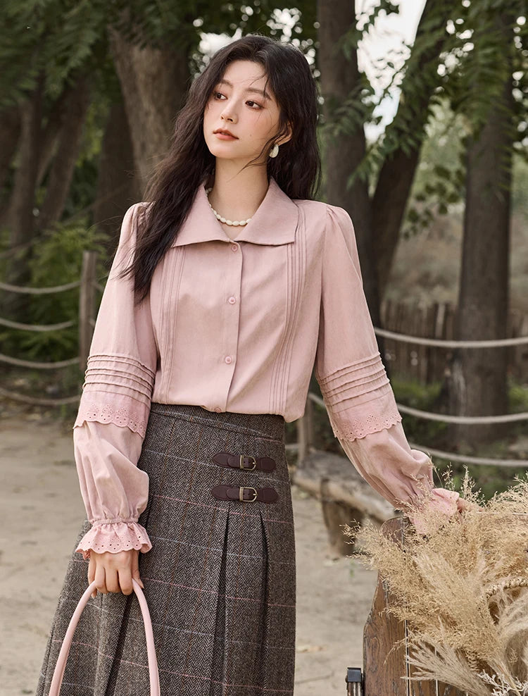 Women's Light Pink Button-Up Blouse with Lace-Trimmed Sleeves
