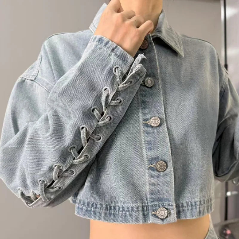 Women's Light Gray Cropped Denim Jacket with Sleeve Lacing