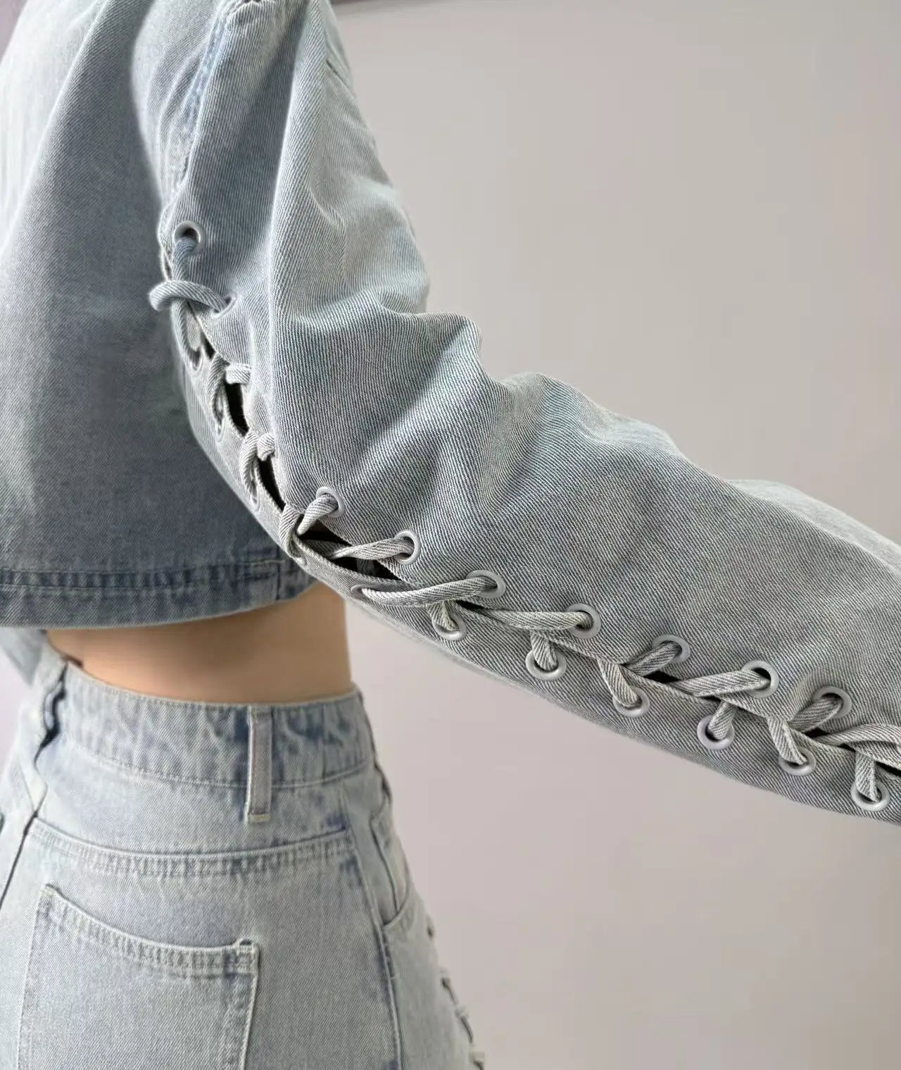 Women's Light Gray Cropped Denim Jacket with Sleeve Lacing