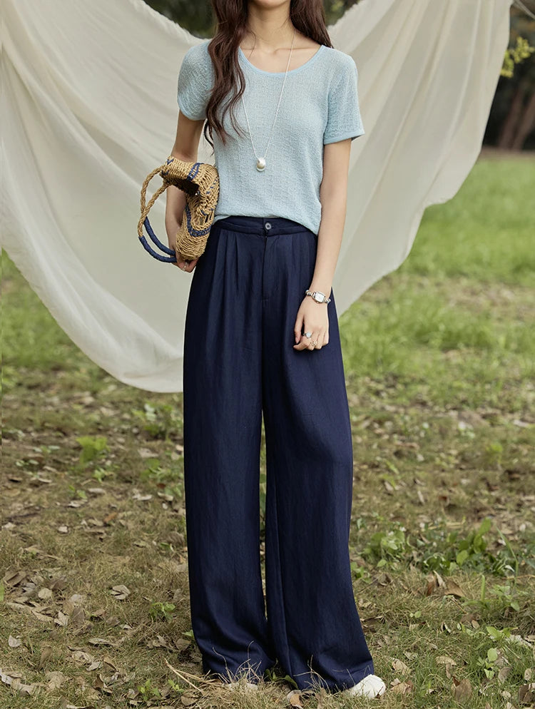 Women's Navy Blue Pleated Wide-Leg Pants