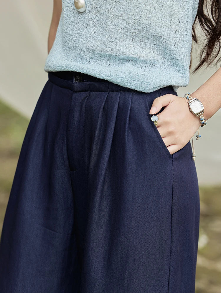 Women's Navy Blue Pleated Wide-Leg Pants