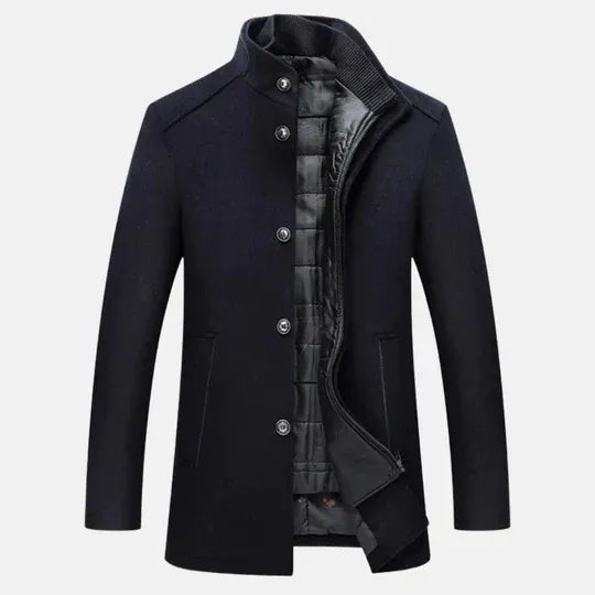 Men's Button-Up Coat with High Collar and Inner Quilted Lining