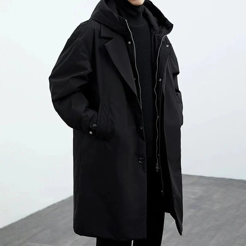 Men's Long Hooded Trench Coat with Front Buttons and Zip Layer