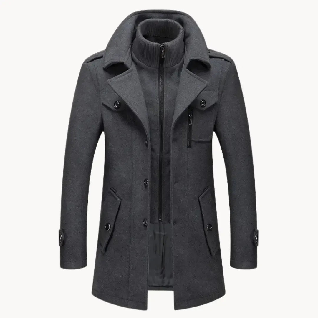 Men's Long Coat with Dual Front Closure and Stand Collar