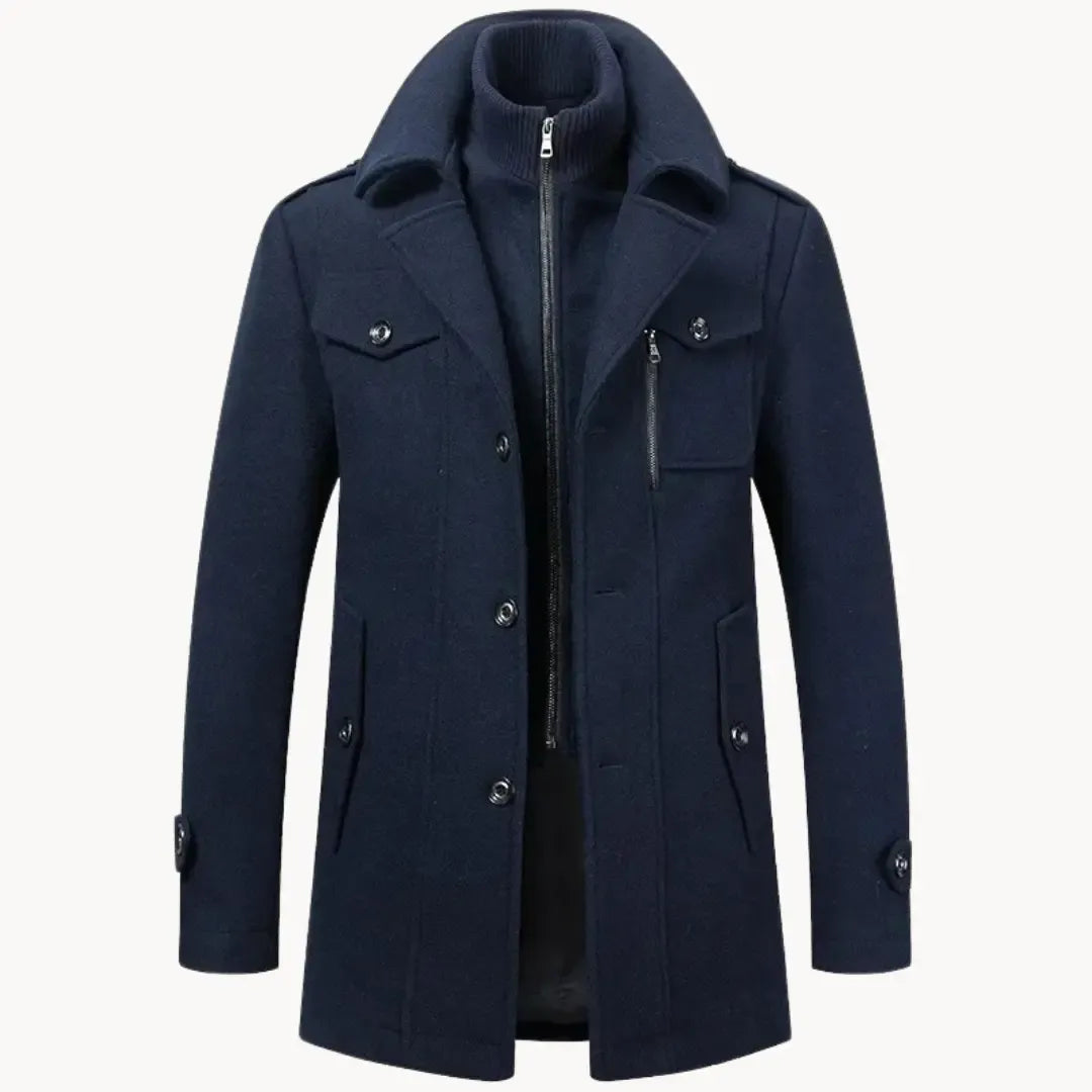 Men's Long Coat with Dual Front Closure and Stand Collar