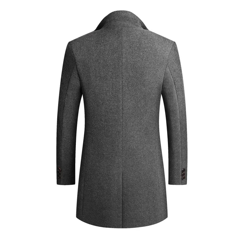 Men's Mid-Length Coat with Lapel Collar and Front Button Closure