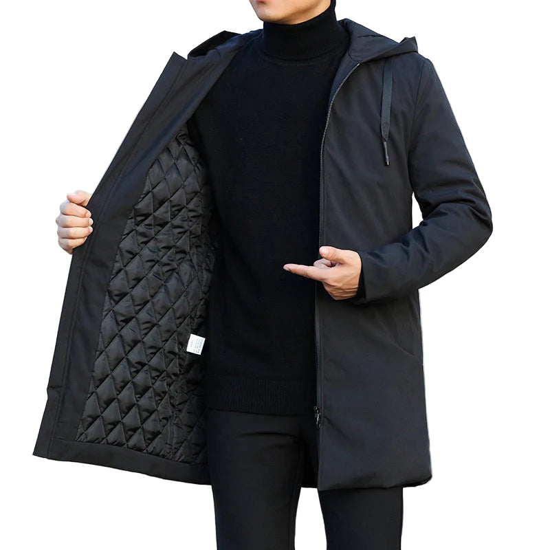Men's Mid-Length Quilted Hooded Coat with Front Zip Closure