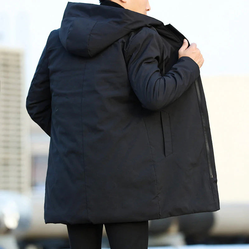 Men's Mid-Length Quilted Hooded Coat with Front Zip Closure