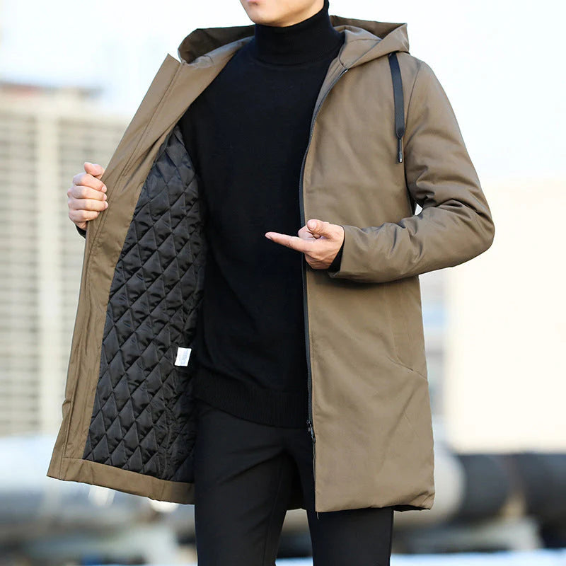 Men's Mid-Length Quilted Hooded Coat with Front Zip Closure
