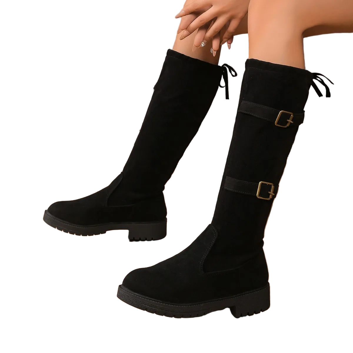 Women’s Knee-High Boots with Dual Buckle Straps and Back Tie