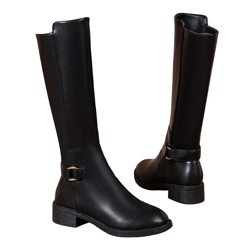 Women’s Knee-High Boots with Side Zipper and Buckle Strap