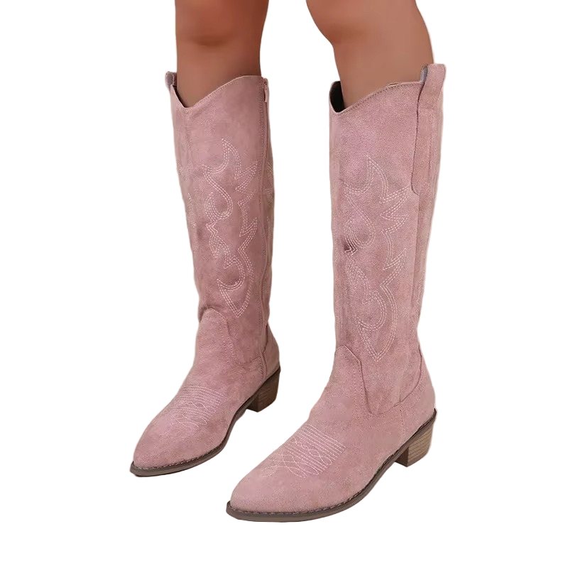 Women’s Knee-High Cowboy Boots with Embroidered Pattern and Low Block Heel