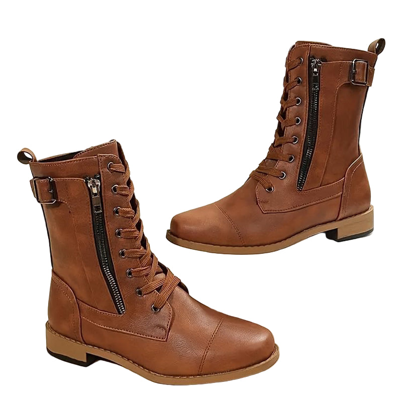 Women’s Lace-Up Mid-Calf Boots with Side Zipper and Buckle Detail