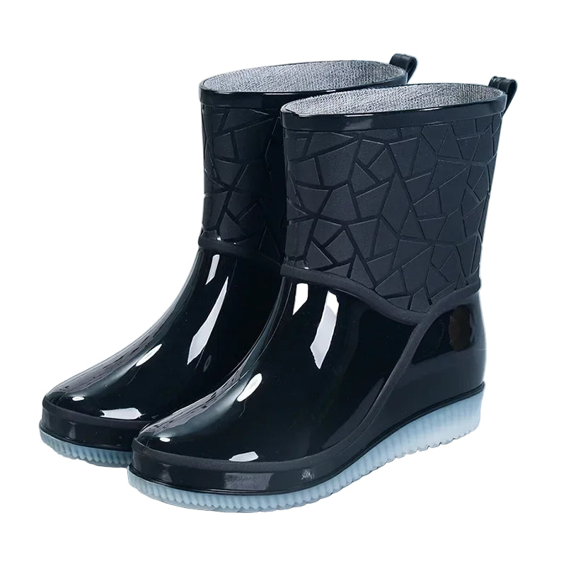 Women’s Mid-Calf Boots with Glossy Surface and Geometric Pattern