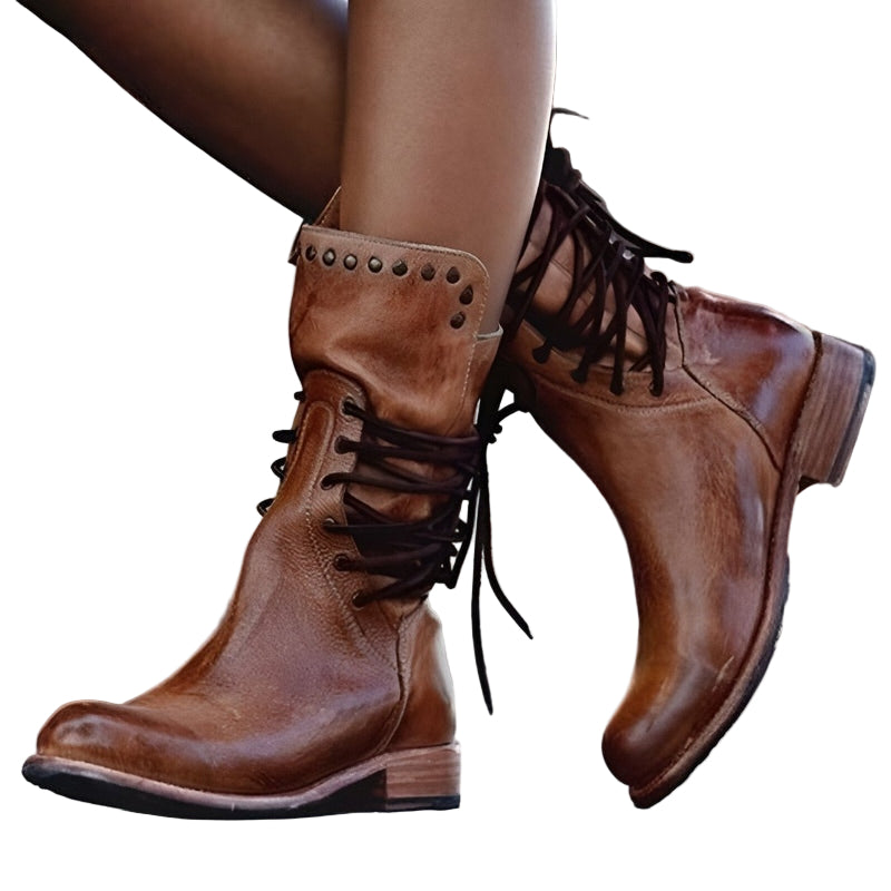 Women’s Mid-Calf Lace-Up Boots with Side Zipper and Studded Collar