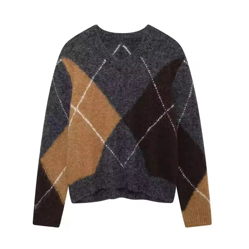 Women’s Argyle-Pattern Jumper with Crew Neck and Straight Hem