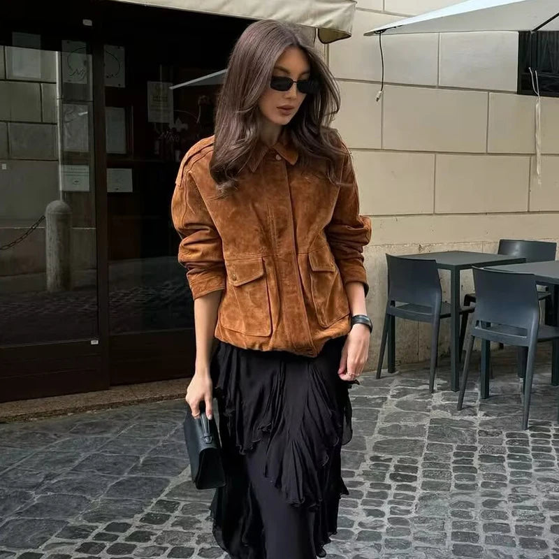 Women's Bomber Jacket with Front Flap Pockets and Snap Button Closure