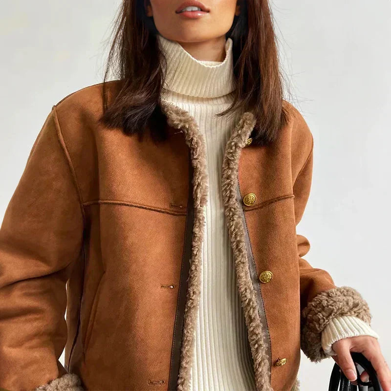 Women's Button-Up Winter Jacket with Faux Shearling Trim and Cuffed Sleeves