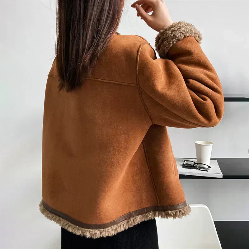 Women's Button-Up Winter Jacket with Faux Shearling Trim and Cuffed Sleeves
