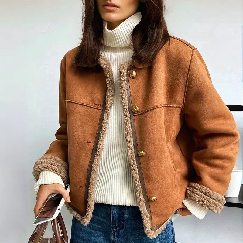 Women's Button-Up Winter Jacket with Faux Shearling Trim and Cuffed Sleeves
