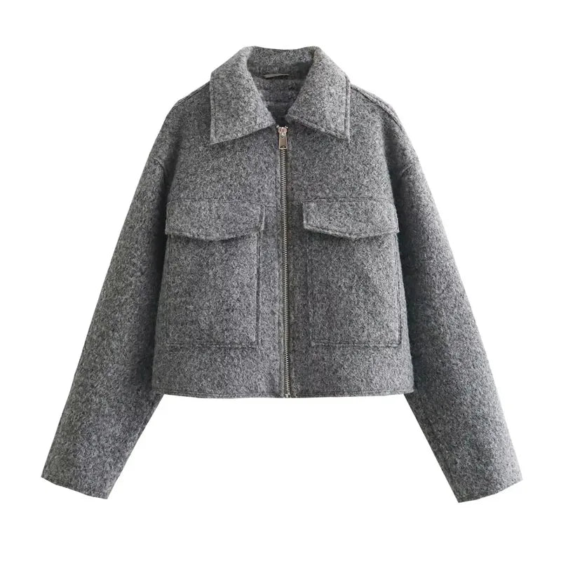 Women's Cropped Zip Jacket with Front Flap Pockets and Pointed Collar