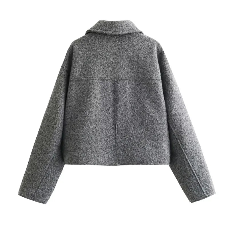 Women's Cropped Zip Jacket with Front Flap Pockets and Pointed Collar