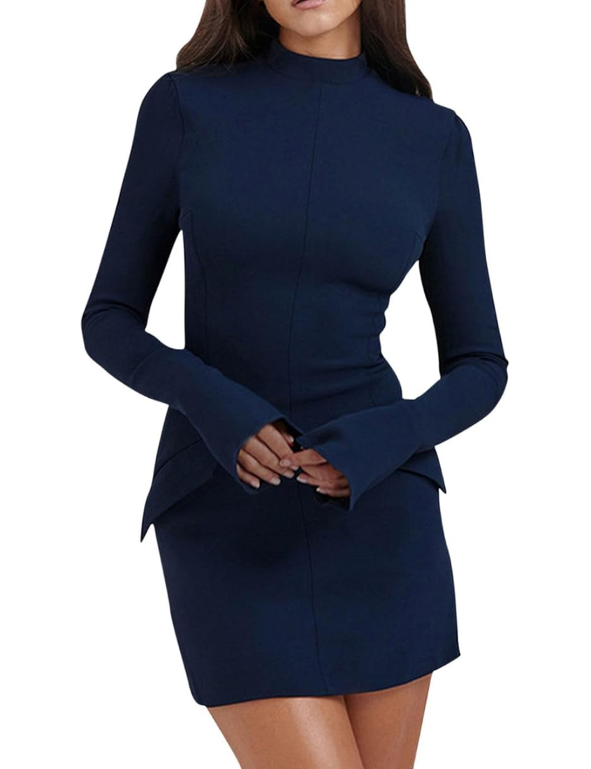 Women’s High Neck Mini Dress with Long Sleeves and Flap Pockets