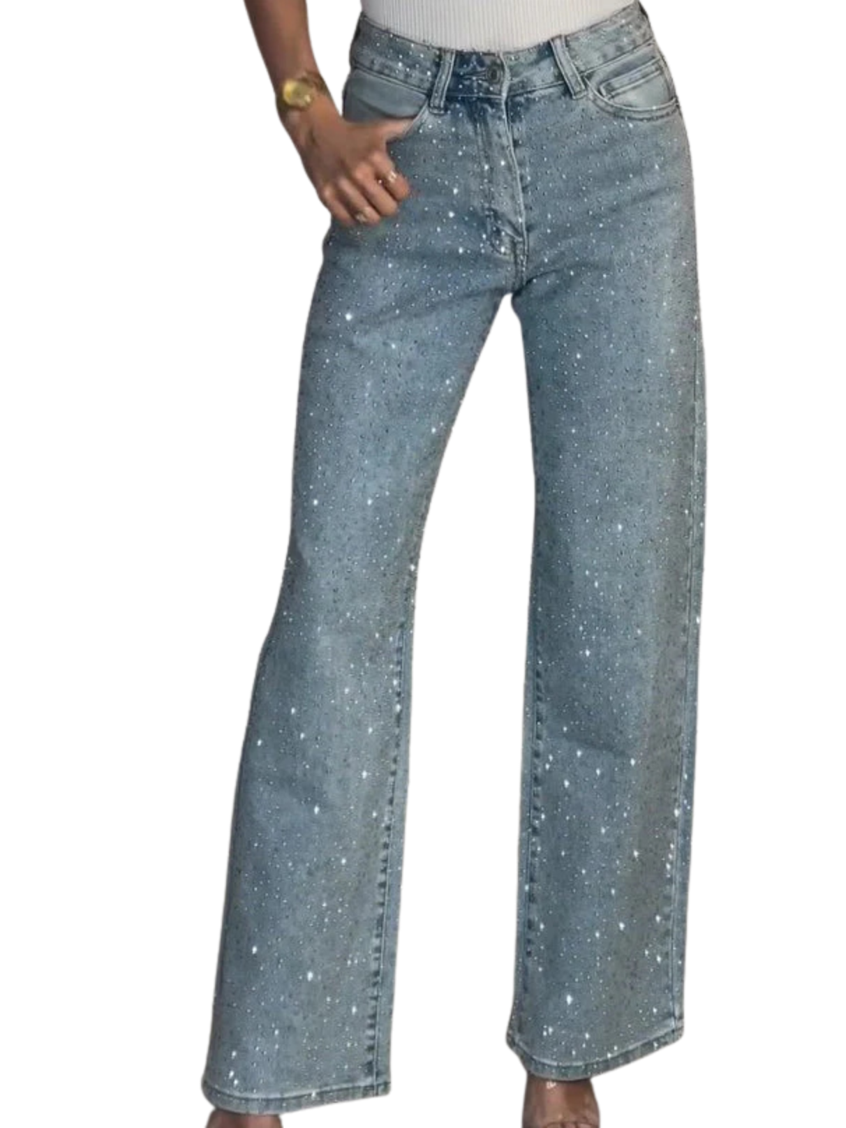 Women’s High Waist Jeans with Sparkle Studs and Pockets