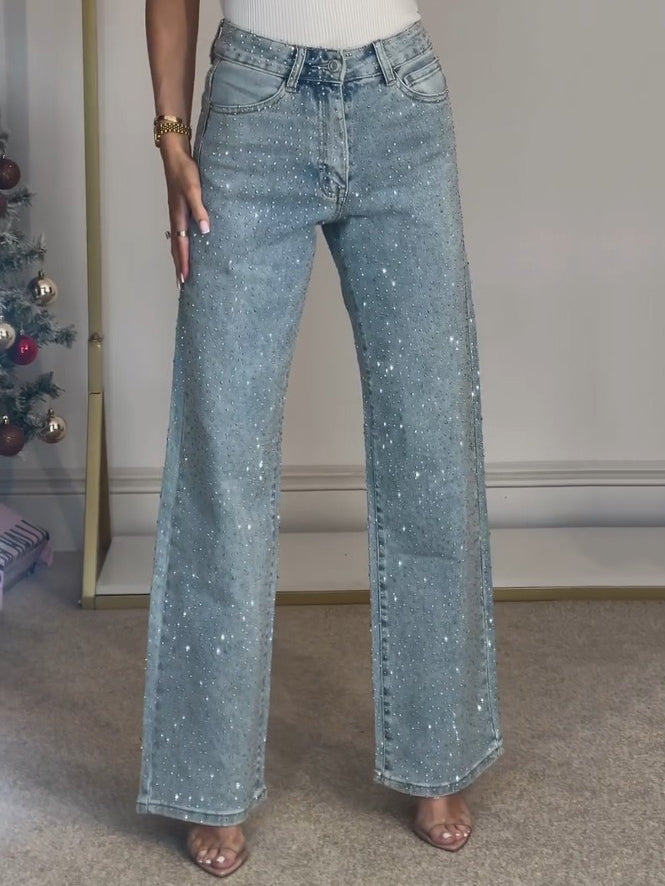 Women’s High Waist Jeans with Sparkle Studs and Pockets