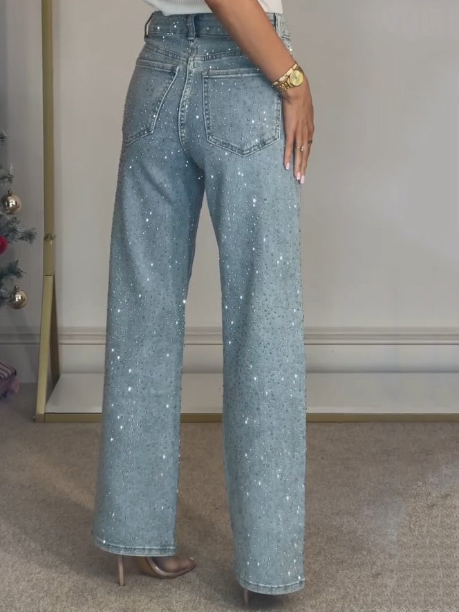 Women’s High Waist Jeans with Sparkle Studs and Pockets