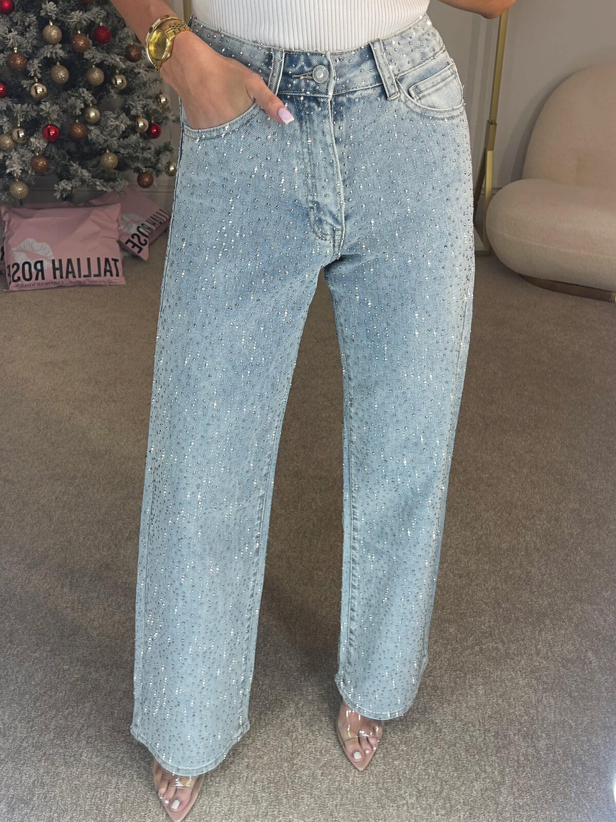 Women’s High Waist Jeans with Sparkle Studs and Pockets
