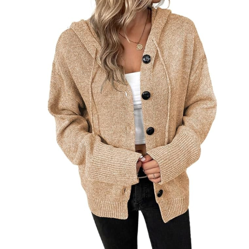 Women's Hooded Knit Cardigan with Button-Front Closure and Ribbed Cuffs