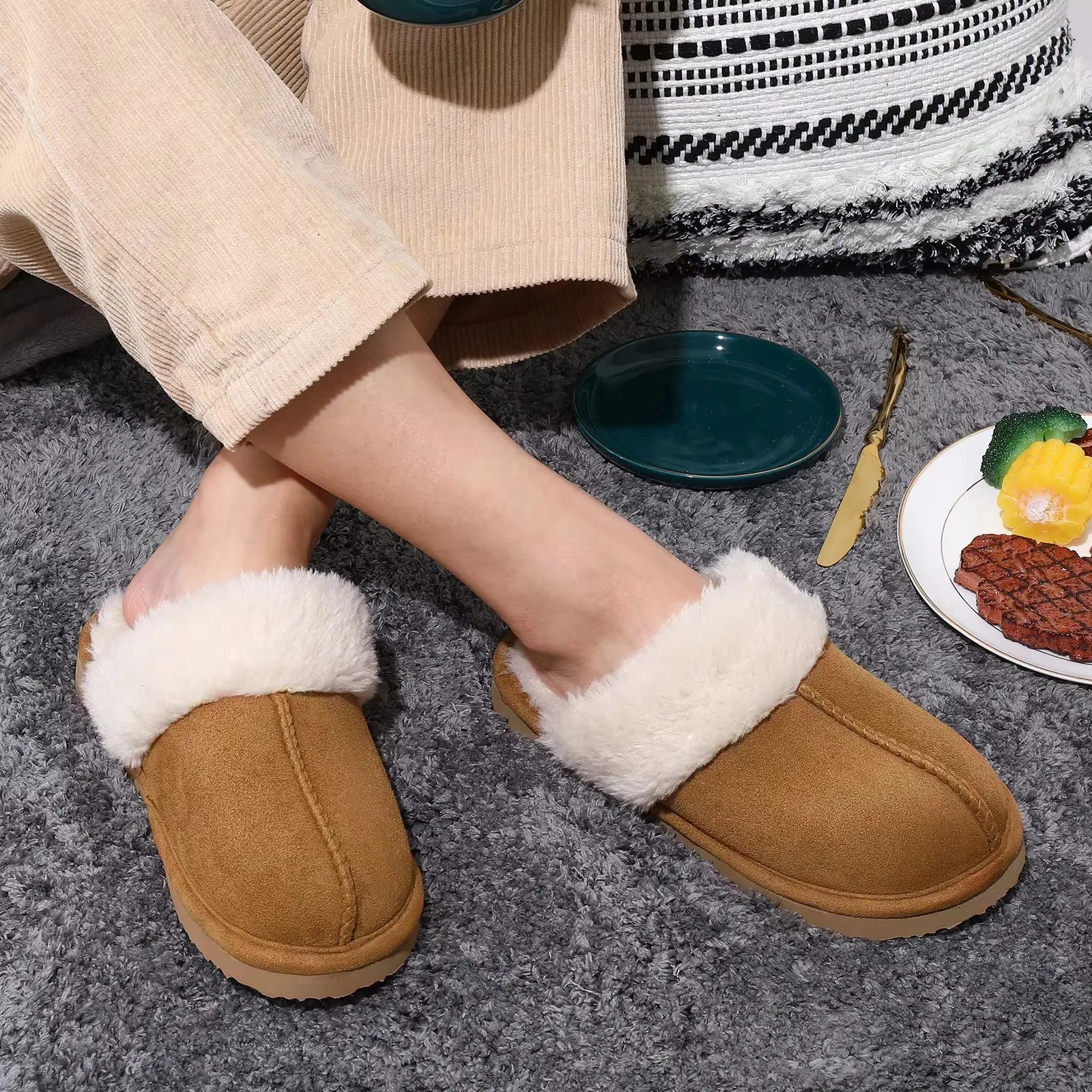 Women's Indoor Slippers with Soft Plush Cuff and Flat Sole
