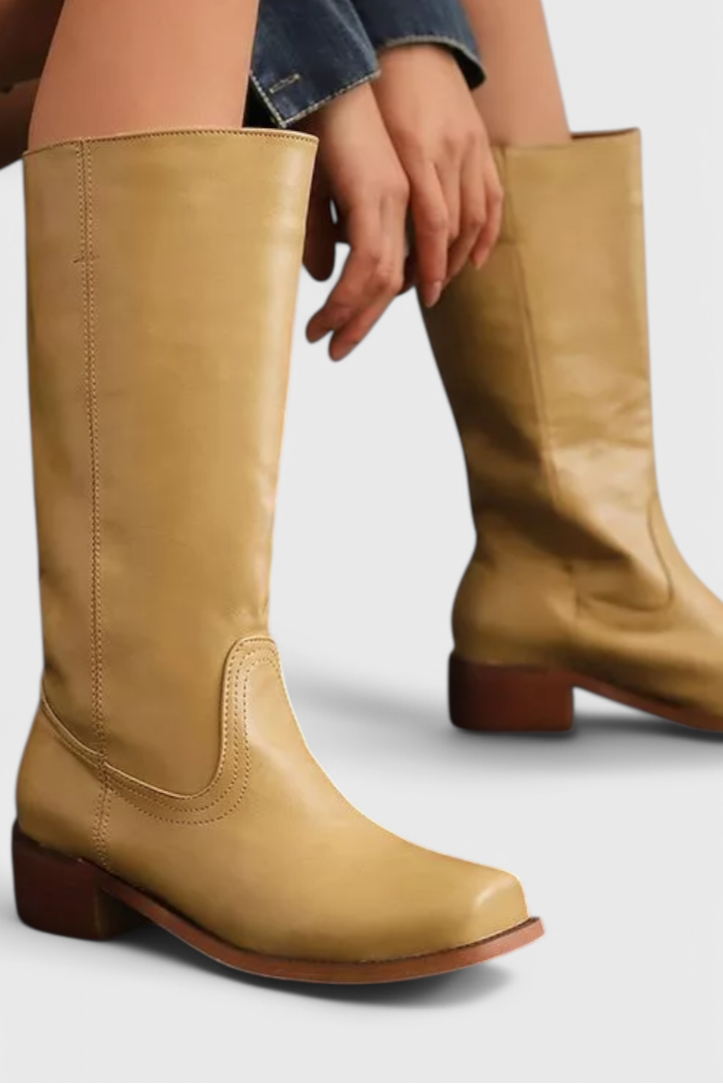 Women's Knee High Boots with Stacked Heel and Round Toe