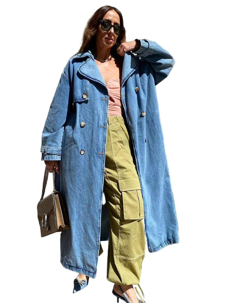 Women's Long Denim Trench Coat with Belt and Button Front