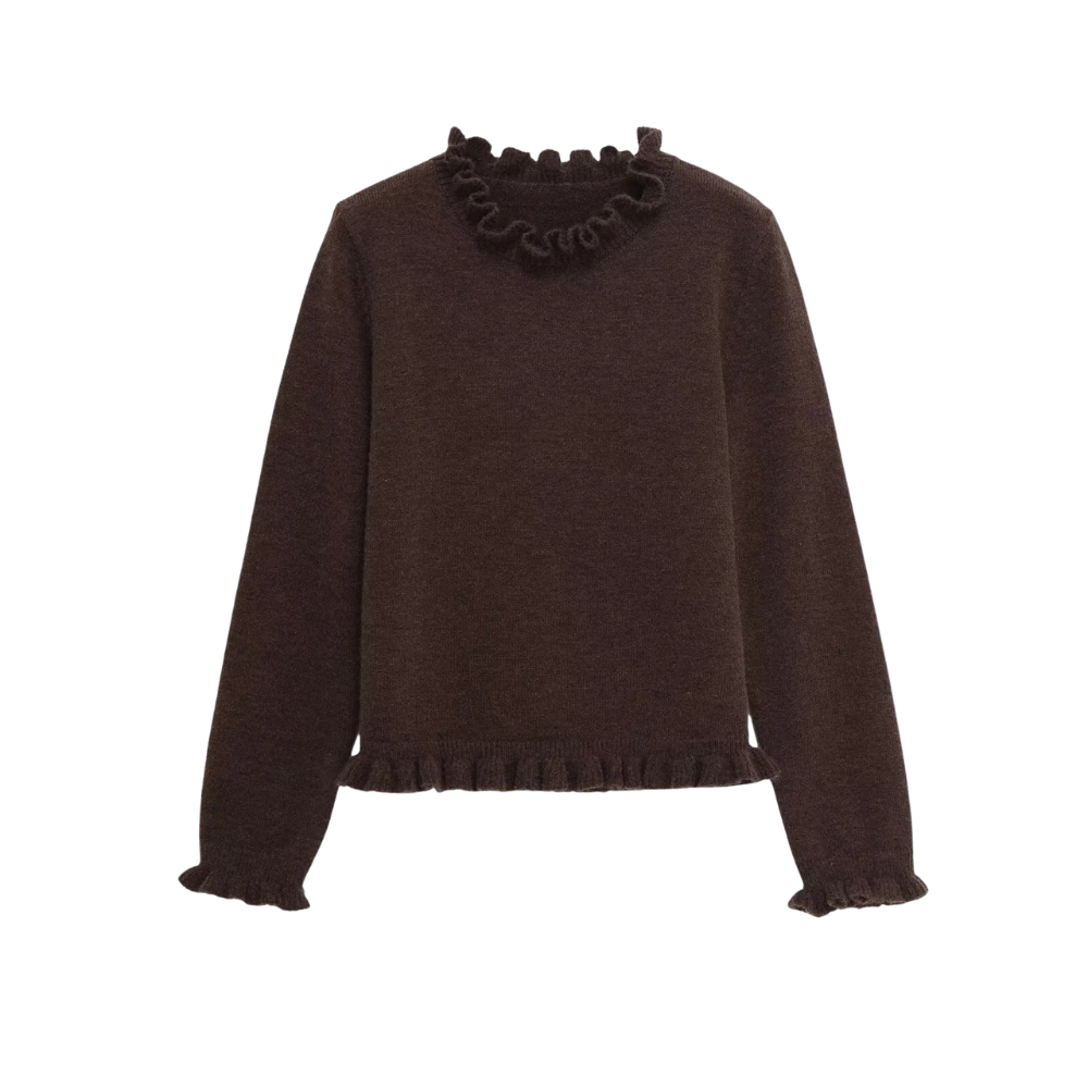 Women’s Long-Sleeve Jumper with Ruffled Neckline and Lettuce-Edge Trim