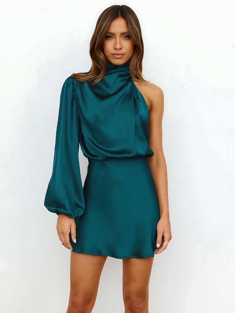 Women’s One-Shoulder Mini Dress with Draped High Neck and Single Balloon Sleeve