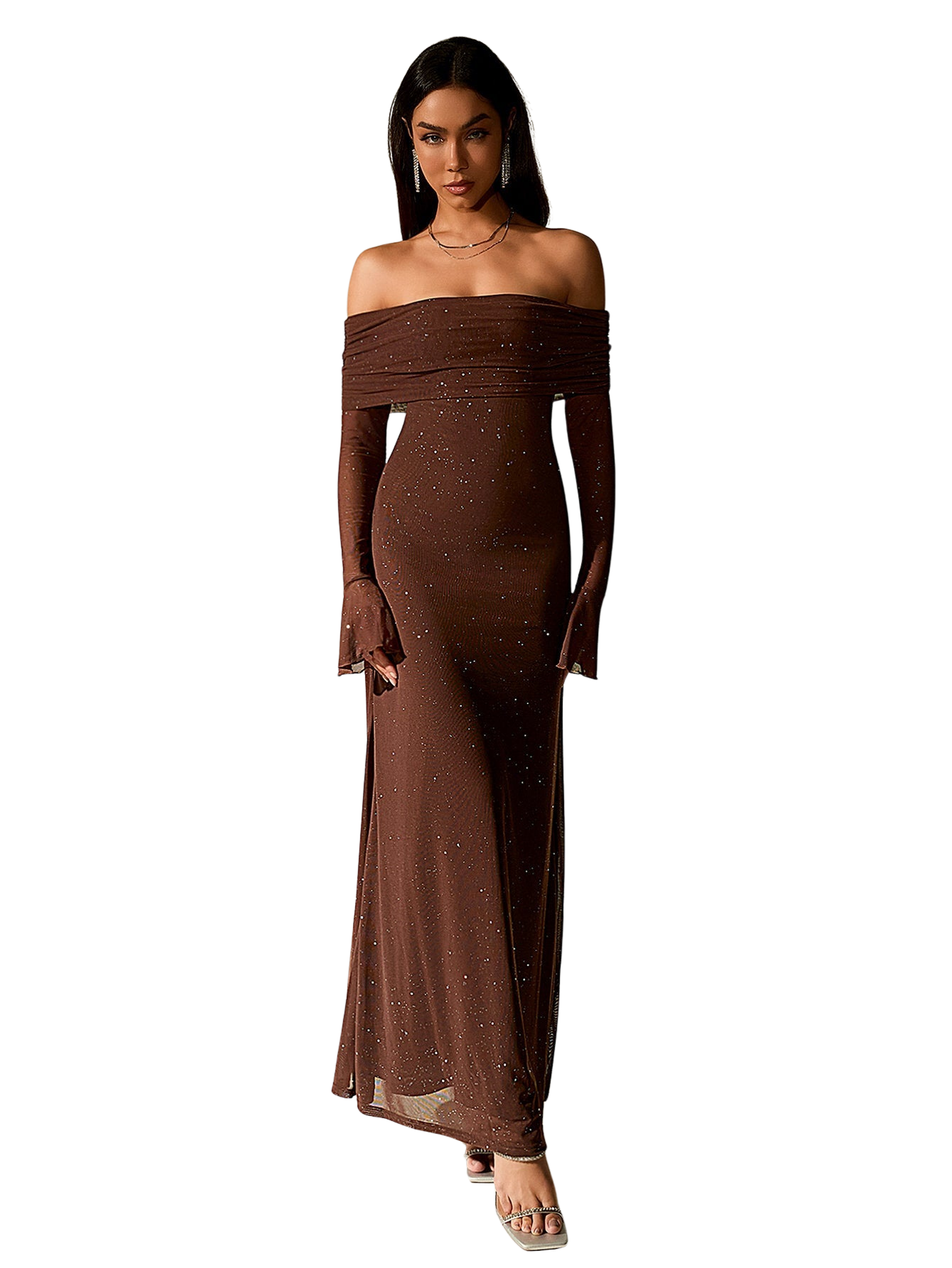Women’s Sequin Maxi Dress with Sheer Long Sleeves and Off-Shoulder Neck