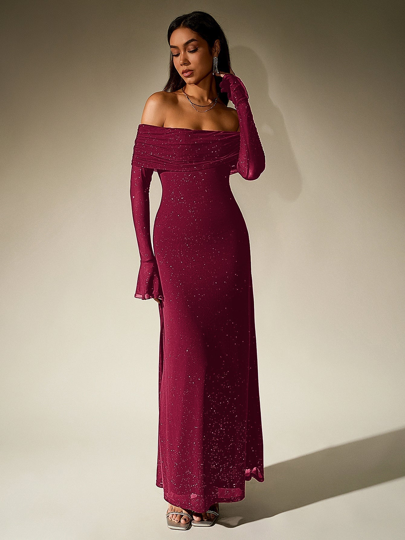 Women’s Sequin Maxi Dress with Sheer Long Sleeves and Off-Shoulder Neck