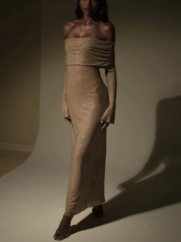 Women’s Sequin Maxi Dress with Sheer Long Sleeves and Off-Shoulder Neck