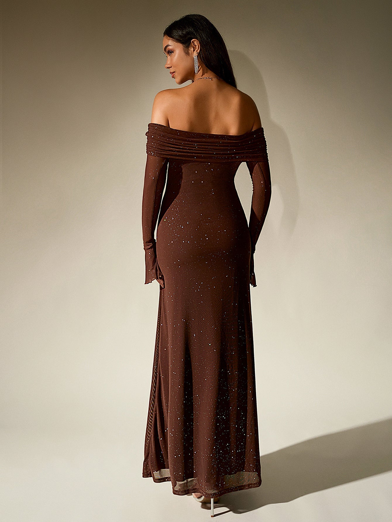 Women’s Sequin Maxi Dress with Sheer Long Sleeves and Off-Shoulder Neck