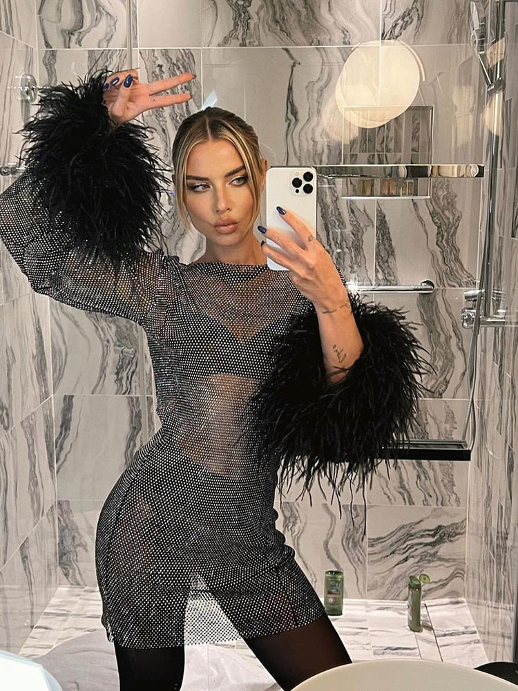 Women’s Sequin Mini Dress with Sheer Long Sleeves and Feather Cuffs