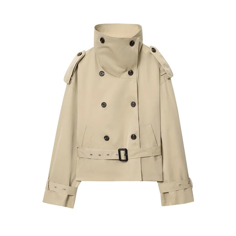 Women's Short Double-Breasted Trench Coat with Belt